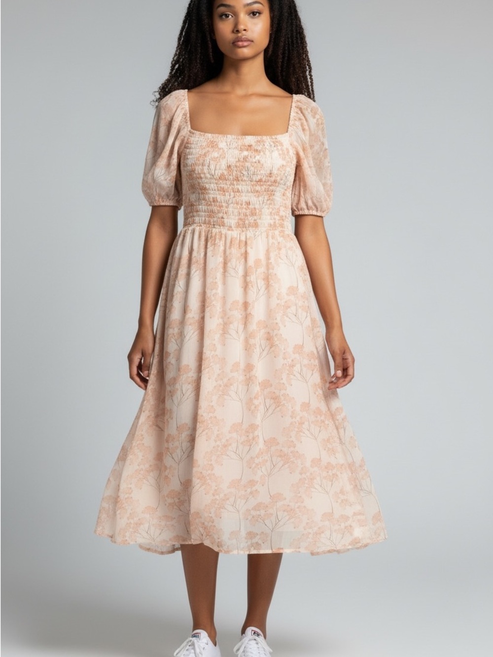 Blush Floral Smocked Midi Dress